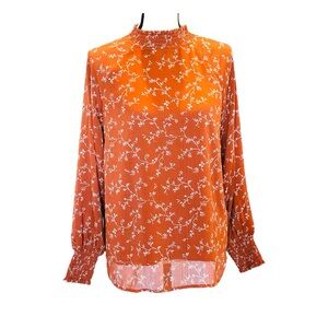 BOHME Rust Orange Floral Chiffon Prairie Blouse Balloon Sleeve Peasant Top, M